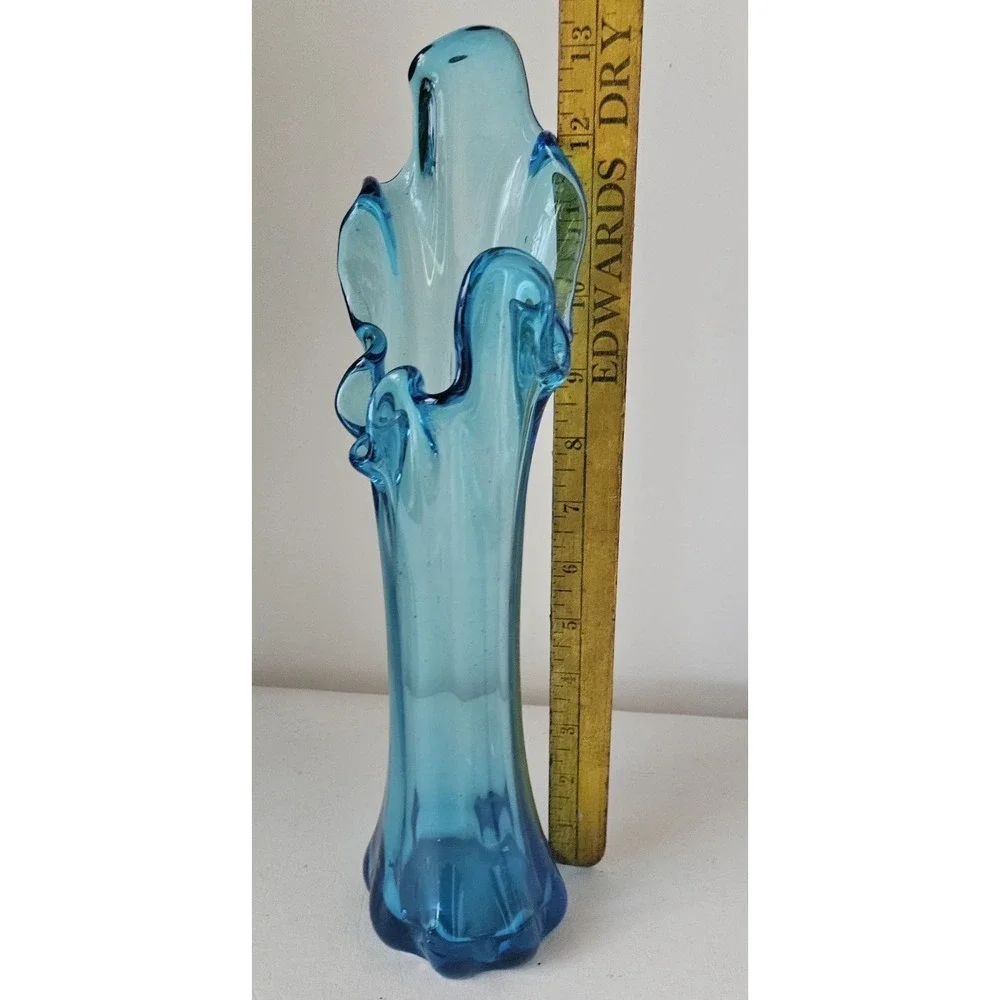 Vintage MCM Blue Swung Glass Vase 13